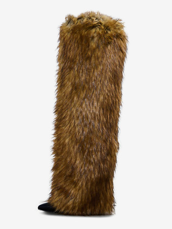 ブラウンレディースフェイクファーブーツ ポインテッドトゥ ハイヒール ニーハイブーツ