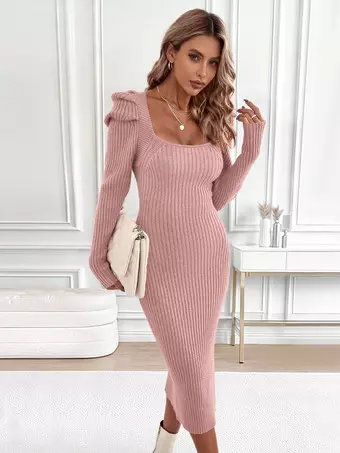 fitted lace wedding dress Ribbed Knit Midi Dress with Buttons main image 0