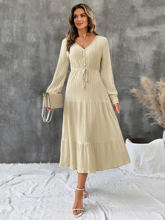 アプリコット2025年レディース向け長袖プリーツVネックミディドレス