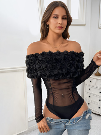 ブラック ローズオフショルダーセクシーシースルーメッシュボディスーツ（レディース）2025