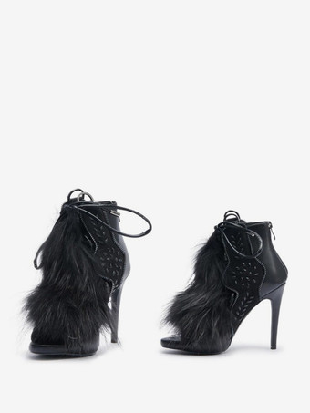 ブラック レディース グラディエーターサンダル オープントゥ バックルディテール フェイクファーディテール レースアップサンダル