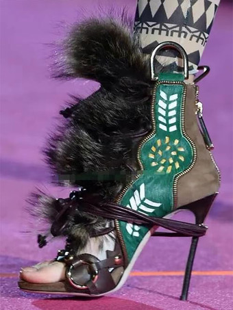 グリーン レディース グラディエーターサンダル オープントゥ バックルディテール フェイクファーディテール レースアップサンダル