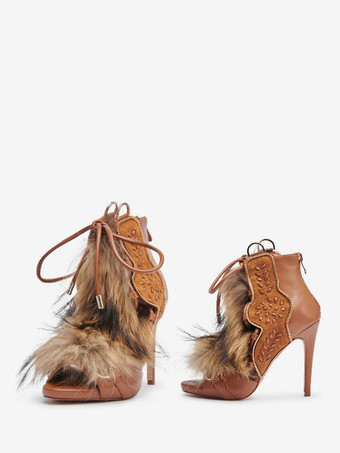 ブラウンレディース グラディエーターサンダル オープントゥ バックルディテール フェイクファーディテール レースアップサンダル