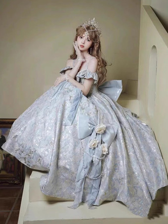 フェアリーロリータドレス スパゲッティフラワー クラシックパープルフリル オフショルダー プロムロリータドレス