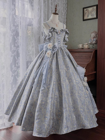 ブルー フェアリーロリータドレス スパゲッティフラワー クラシックパープルフリル オフショルダー プロムロリータドレス