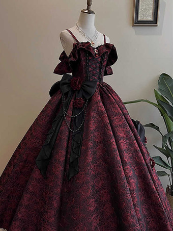 レッド フェアリーロリータドレス スパゲッティフラワー クラシックパープルフリル オフショルダー プロムロリータドレス