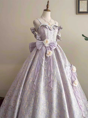 パープル フェアリーロリータドレス スパゲッティフラワー クラシックパープルフリル オフショルダー プロムロリータドレス