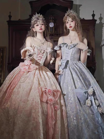 ピンクフェアリーロリータドレス スパゲッティフラワー クラシックパープルフリル オフショルダー プロムロリータドレス