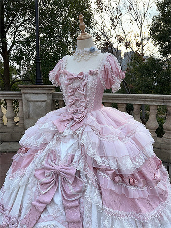 ピンクの妖精ロリータドレス レースリボン 半袖 フロア丈 ロリータドレス