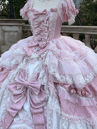 ピンクの妖精ロリータドレス レースリボン 半袖 フロア丈 ロリータドレス