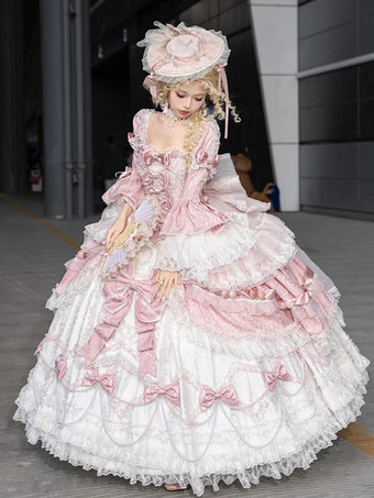 ピンクの妖精ロリータドレス レースリボン 半袖 フロア丈 ロリータドレス