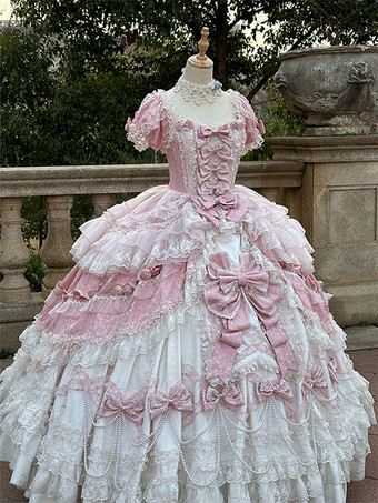 ピンクの妖精ロリータドレス レースリボン 半袖 フロア丈 ロリータドレス