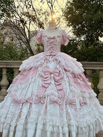 ピンクピンクの妖精ロリータドレス レースリボン 半袖 フロア丈 ロリータドレス