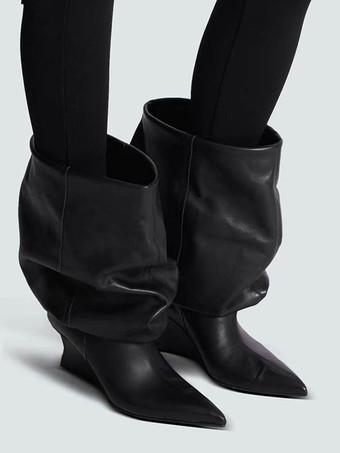 ブラック ミッド クラフブーツ レディース ポインテッドトゥ スラウチ ウェッジブーツ