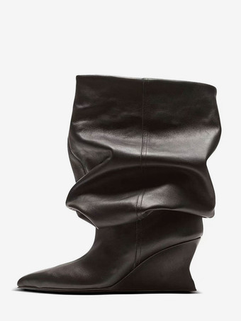 ブラック ミッド クラフブーツ レディース ポインテッドトゥ スラウチ ウェッジブーツ