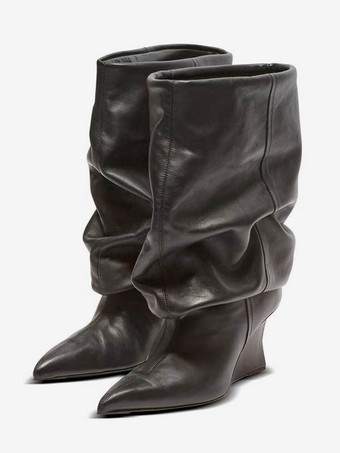 ブラック ブラック ミッド クラフブーツ レディース ポインテッドトゥ スラウチ ウェッジブーツ