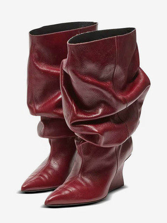 ブラック ミッド クラフブーツ レディース ポインテッドトゥ スラウチ ウェッジブーツ