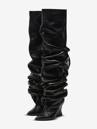 ブラック レディース オーバーニーブーツ ポインテッドスラウチウェッジサイハイブーツ