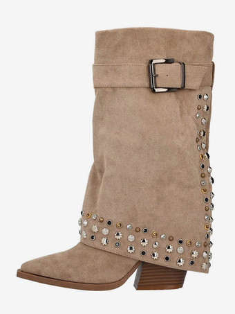 スエードミッドクラフブーツ、ポインテッドトゥ、スタッズバックルディテール、チャンキーヒールブーツ