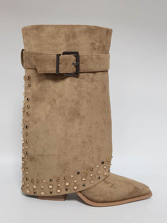 レディース ミッドクラフブーツ スエード ポインテッドトゥ スタッズ バックルディテール チャンキーヒールブーツ