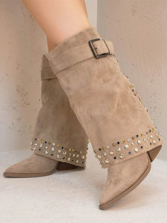 レディース ミッドクラフブーツ スエード ポインテッドトゥ スタッズ バックルディテール チャンキーヒールブーツ