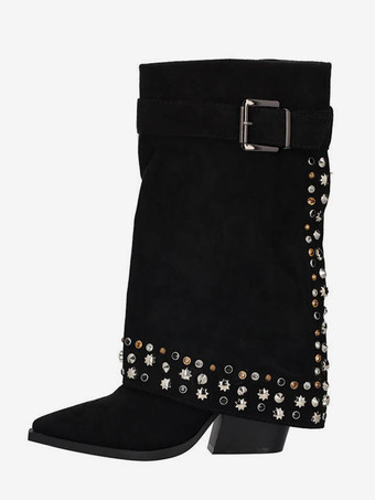 ブラック レディース ミッドクラフブーツ スエード ポインテッドトゥ スタッズ バックルディテール チャンキーヒールブーツ