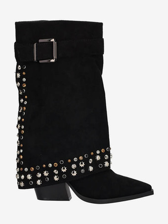 レディース ミッドクラフブーツ スエード ポインテッドトゥ スタッズ バックルディテール チャンキーヒールブーツ
