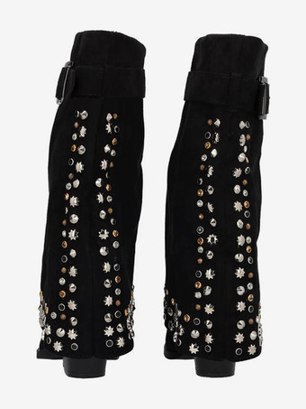 レディース ミッドクラフブーツ スエード ポインテッドトゥ スタッズ バックルディテール チャンキーヒールブーツ