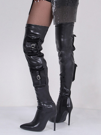 ブラックサイハイブーツ レディース ポインテッドトゥ ポケットディテール ハイヒール オーバーニーブーツ