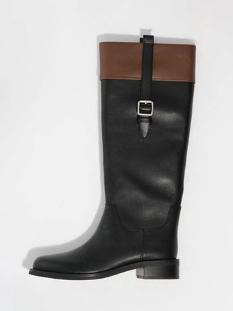 レディース乗馬ブーツ ラウンドトゥ バックルディテール フラットニーハイブーツ