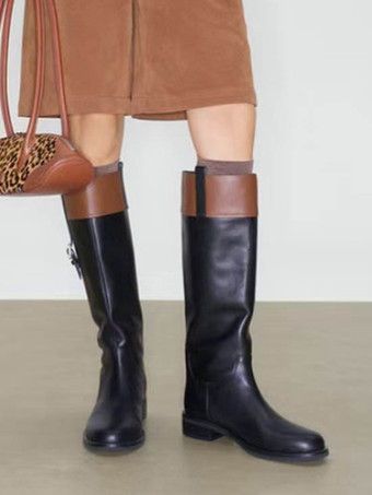 レディース乗馬ブーツ ラウンドトゥ バックルディテール フラットニーハイブーツ