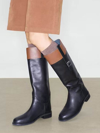 ブラック レディース乗馬ブーツ ラウンドトゥ バックルディテール フラットニーハイブーツ