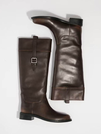 レディース乗馬ブーツ ラウンドトゥ バックルディテール フラットニーハイブーツ