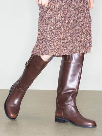 レディース乗馬ブーツ ラウンドトゥ バックルディテール フラットニーハイブーツ