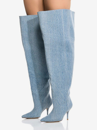 ライトスカイブルーレディース オーバーニーブーツ デニム ポインテッドトゥ ワイドカーフ サイハイブーツ