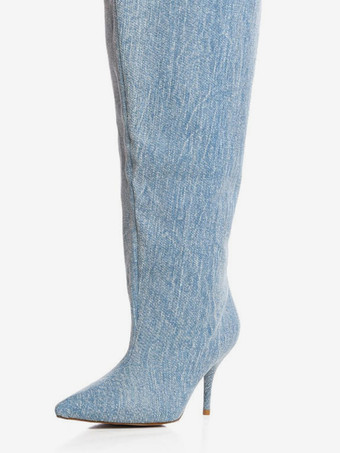 レディース オーバーニーブーツ デニム ポインテッドトゥ ワイドカーフ サイハイブーツ