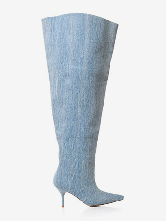 レディース オーバーニーブーツ デニム ポインテッドトゥ ワイドカーフ サイハイブーツ