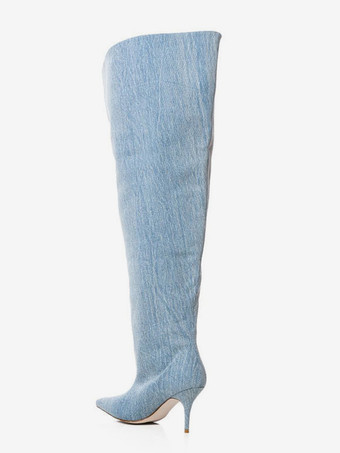 レディース オーバーニーブーツ デニム ポインテッドトゥ ワイドカーフ サイハイブーツ