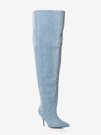 レディース オーバーニーブーツ デニム ポインテッドトゥ ワイドカーフ サイハイブーツ