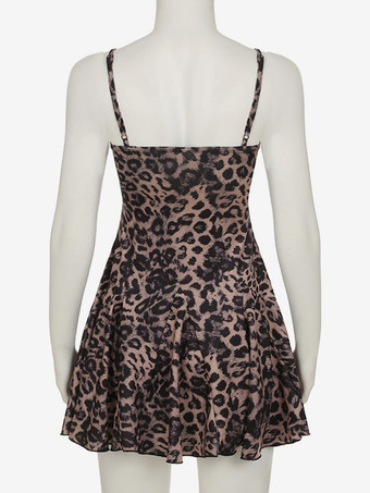 クラブ2025のための、レースとタイフロントのディテールが施されたヒョウ柄ミニストラップドレス