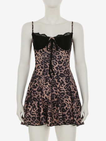 クラブ2025のための、レースとタイフロントのディテールが施されたヒョウ柄ミニストラップドレス