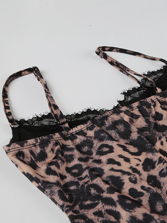 クラブ2025のための、レースとタイフロントのディテールが施されたヒョウ柄ミニストラップドレス