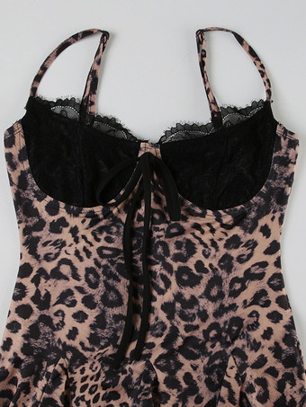 クラブ2025のための、レースとタイフロントのディテールが施されたヒョウ柄ミニストラップドレス