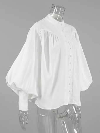 2025年秋冬レディース向けスタンドカラー付きヴィンテージパフスリーブブラウス