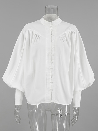 2025年秋冬レディース向けスタンドカラー付きヴィンテージパフスリーブブラウス