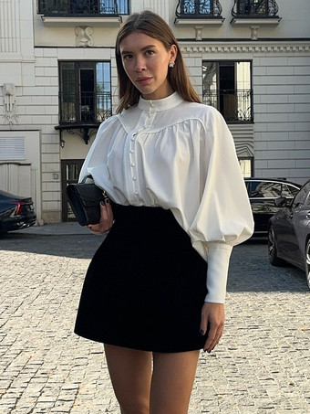 2025年秋冬レディース向けスタンドカラー付きヴィンテージパフスリーブブラウス