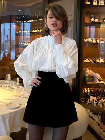 2025年秋冬レディース向けスタンドカラー付きヴィンテージパフスリーブブラウス