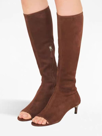 ブラウンレディースニーハイブーツ オープントゥ ジッパーディテール キトンヒールブーツ