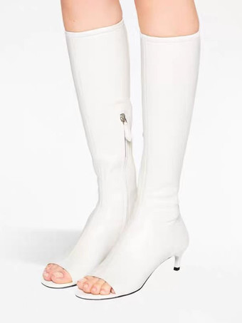 ホワイト レディースニーハイブーツ オープントゥ ジッパーディテール キトンヒールブーツ