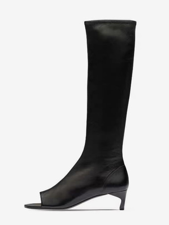 ブラック レディースニーハイブーツ オープントゥ ジッパーディテール キトンヒールブーツ